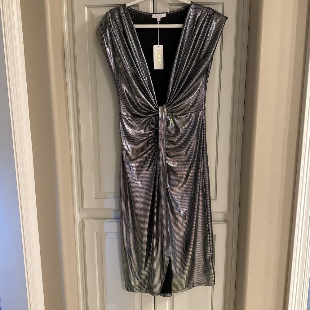 Silver Metallic Plunge Neckline Cocktail Dress